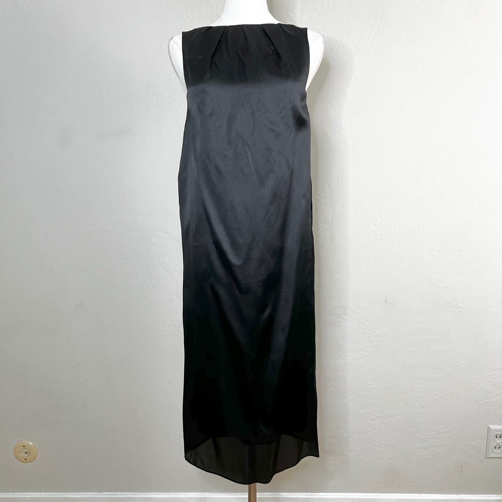 ROKSANDA ILINCIC Dress 100% Silk Black Satin Pleated Neck Sleeveless Midi Size 6